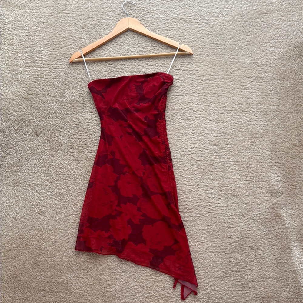 Princess Polly Red Floral Strapless Asymmetrical Slip Dress